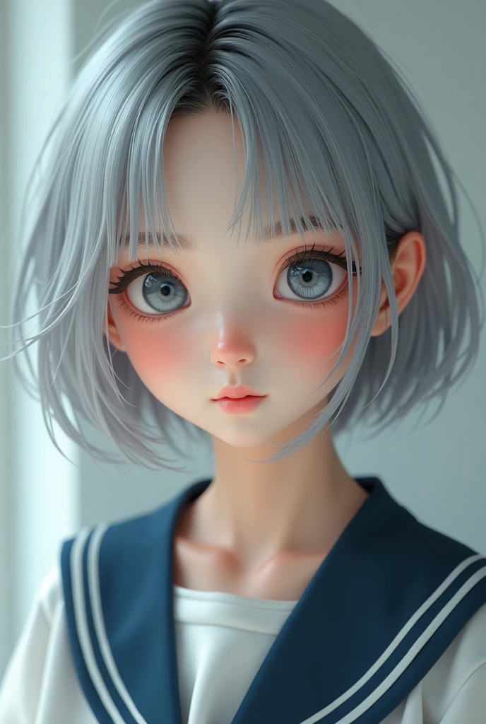 a beautiful young half japanese half Nordic girl,large expressive eyes,dorrpy eyes,beautiful detailed eyes,charming eyes,extremely detailed and beautiful face,(smile:1.0),flawless transparent skin,ultra short hair,silver hair,(highschool uniform,masterpiece,high resolution,photorealistic,realistic,extremely detailed:2.0),detailed description,vivid colors,studio lighting,physically-based rendering,intricate detail