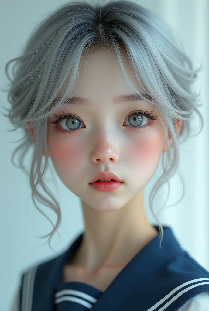 a beautiful young half japanese half Nordic girl,large expressive eyes,dorrpy eyes,beautiful detailed eyes,charming eyes,extremely detailed and beautiful face,(smile:1.0),flawless transparent skin,ultra short hair,silver hair,(highschool uniform,masterpiece,high resolution,photorealistic,realistic,extremely detailed:2.0),detailed description,vivid colors,studio lighting,physically-based rendering,intricate detail