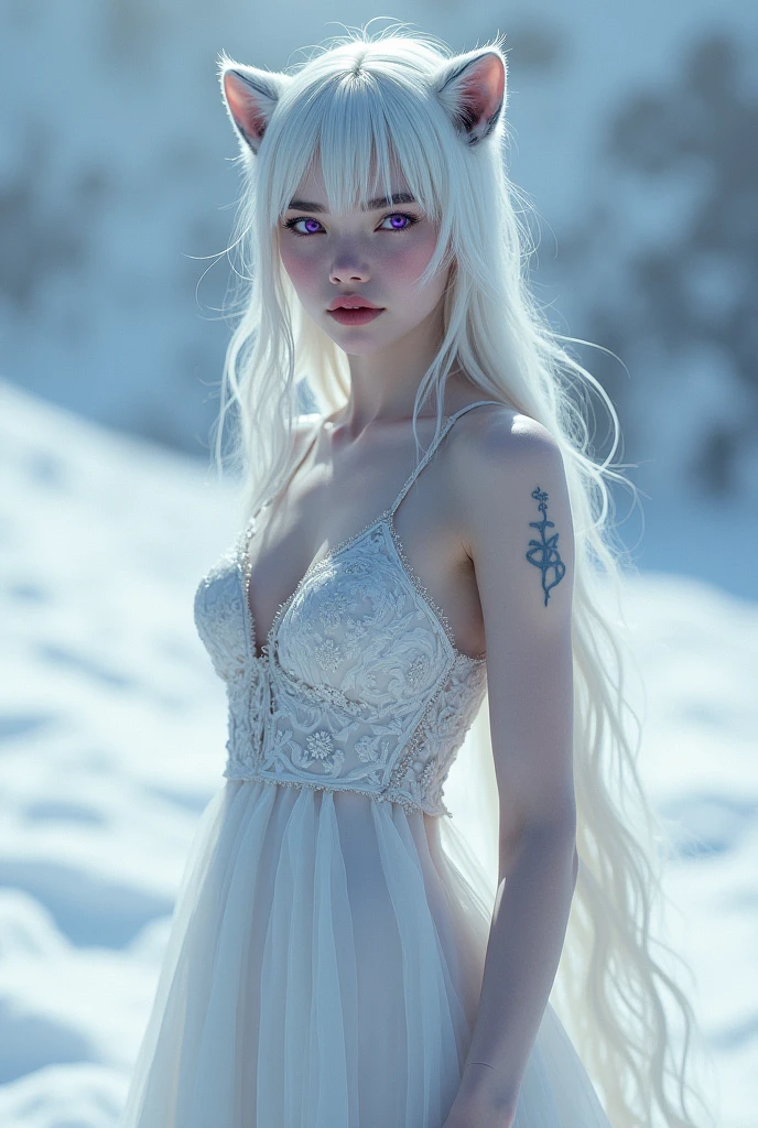Snow leopard-human hybrid female with purple eyes, with human body and human face wearing a white dress