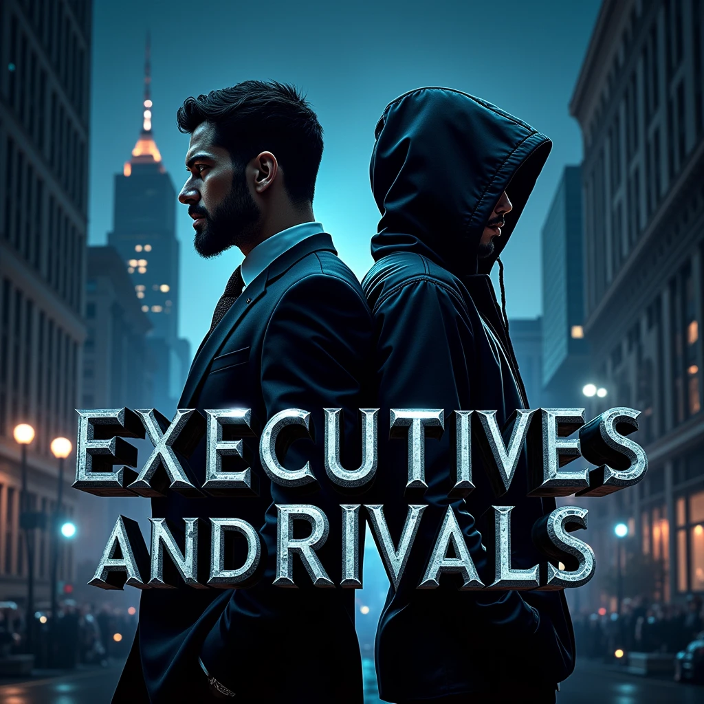 Create a dark, modern, and gritty cover art for a Hip-Hop/Trap/Drill song titled "Executives and Rivals." The design should capture the intense and competitive atmosphere of street life mixed with high-powered executive boardrooms. Visualize two contrasting figures: one dressed in a sharp, black executive suit with a stern expression, representing power and authority, and the other in urban streetwear, looking confident yet cautious, symbolizing the street hustle. The background should blend an urban cityscape (skyscrapers, streets at night, glowing neon lights) with subtle corporate symbols like stock market graphs or a luxurious office interior. Incorporate visual tension between the clean, polished corporate world and the rough, gritty streets. Use a dark color palette with shades of black, deep blues, and neon accents to highlight the contrast between the two worlds. The title "Executives and Rivals" should be in bold, modern typography, with sharp lines or metallic textures that give it a powerful, industrial feel.