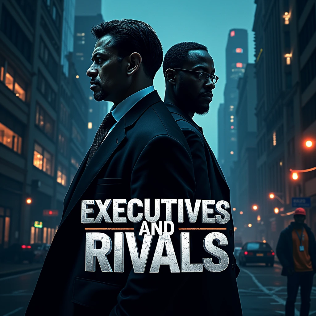 Create a dark, modern, and gritty cover art for a Hip-Hop/Trap/Drill song titled "Executives and Rivals." The design should capture the intense and competitive atmosphere of street life mixed with high-powered executive boardrooms. Visualize two contrasting figures: one dressed in a sharp, black executive suit with a stern expression, representing power and authority, and the other in urban streetwear, looking confident yet cautious, symbolizing the street hustle. The background should blend an urban cityscape (skyscrapers, streets at night, glowing neon lights) with subtle corporate symbols like stock market graphs or a luxurious office interior. Incorporate visual tension between the clean, polished corporate world and the rough, gritty streets. Use a dark color palette with shades of black, deep blues, and neon accents to highlight the contrast between the two worlds. The title "Executives and Rivals" should be in bold, modern typography, with sharp lines or metallic textures that give it a powerful, industrial feel.