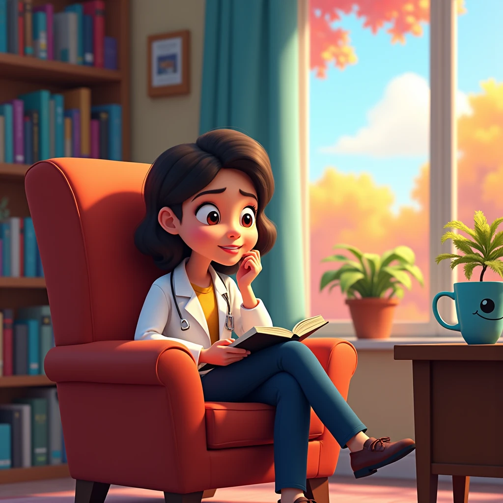 Get inspired by Disney Pixar characters and create a psychologist sitting in a chair taking notes