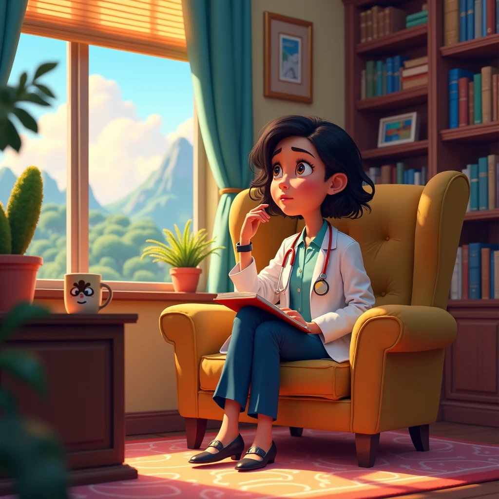 Get inspired by Disney Pixar characters and create a psychologist sitting in a chair taking notes