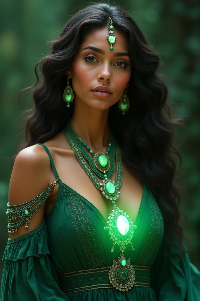 A beautiful and attractive woman with an American face wears a long dress and wears a malachite necklace, a malachite ring, a malachite bracelet and earrings made of malachite stone, her heart chakra is shown in green Peace, courage and love can be seen in his face