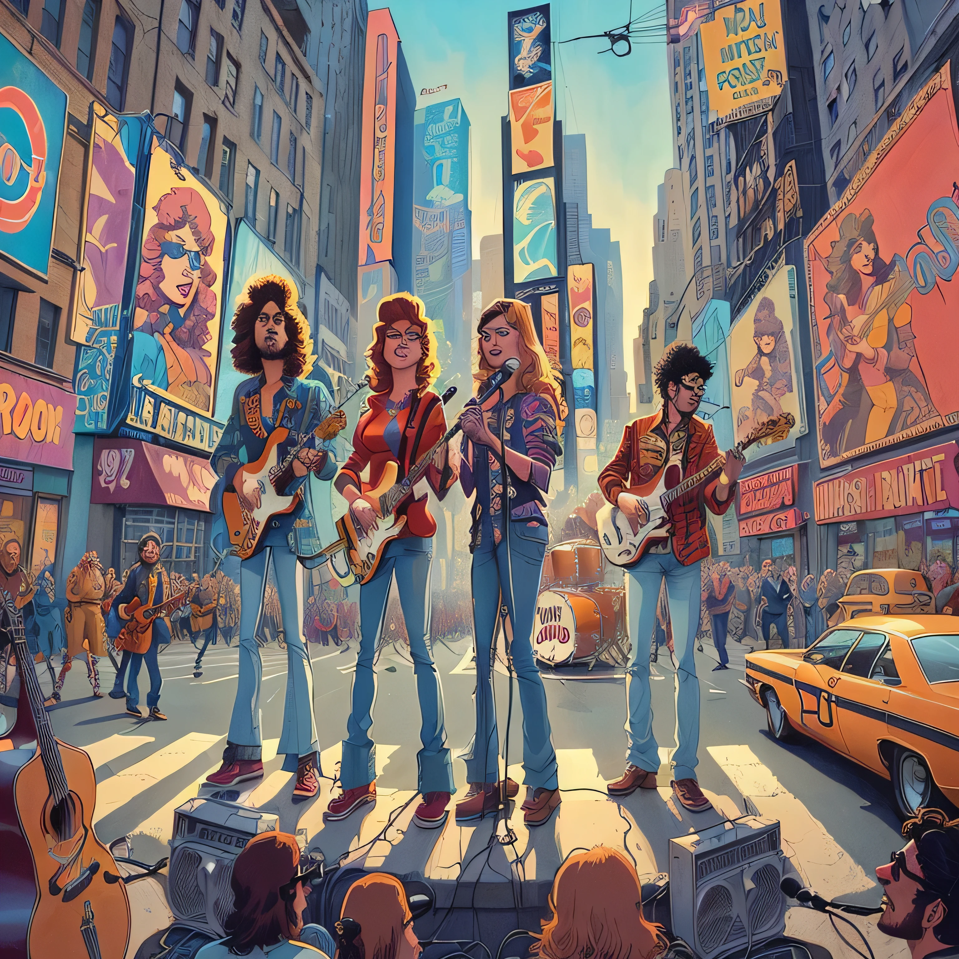 cartoon of a band playing in the middle of a city street, 1970s comic book art style, inspired Direction: Tim Doyle, 7 visual 0s, by David B. Mattamente, Direction: Tim Doyle, seventies, background art, seventies era, por Ron Walotsky, ( Arte Fitzpatrick ), por Melissa Benson, 70's poster, art admirer