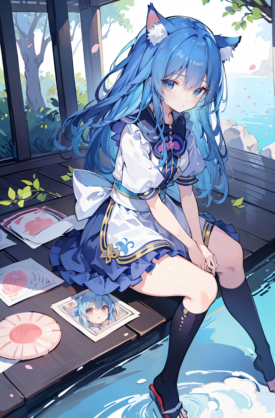 (masterpiece:1.2),ultra-detailed,realistic,expressive eyes,fair-skinned,perfectly shaped face,1girl,
Japanese cartoons,Gorgeous blue hair, flowing blue hair,floating clothes,cat ears,petals falling,beautiful Lola,Hina Angel,
hands on waist,gracefully sitting on the ground,legs crossed,gentle and serene background,cool and comfortable pavilion.