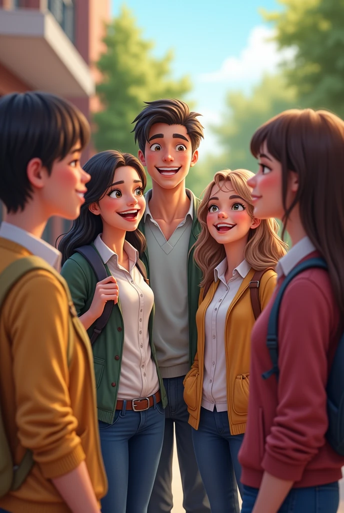 character disney FIVE high school students wearing uniform (ONE tan and plus size male and FOUR white female) laughing and talking to one another.