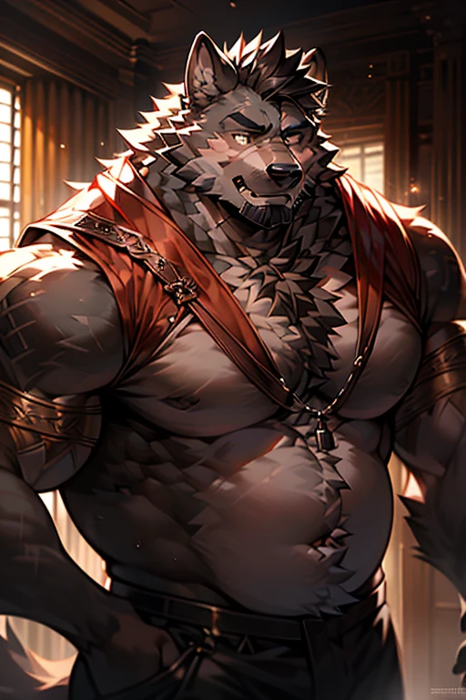 a muscular, burly werewolf with black facial hair and chest/stomach hair, facing the viewer with a mature, canine expression, (best quality, 4k, 8k, highres, masterpiece:1.2), ultra-detailed, (realistic, photorealistic, photo-realistic:1.37), detailed facial features, detailed eyes, detailed nose and lips, detailed muscles, dark moody lighting, cinematic composition, dramatic lighting,dramatic shadows, dark fantasy, dark gothic