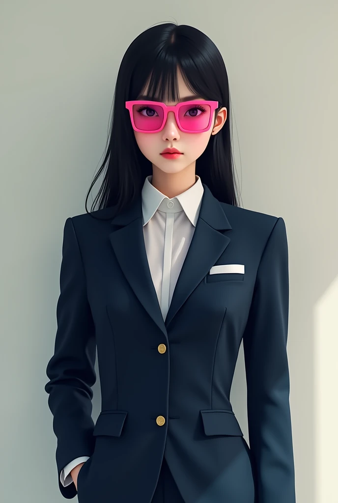 Girl in dark blue suit with straight black hair and pink rectangle glasses
