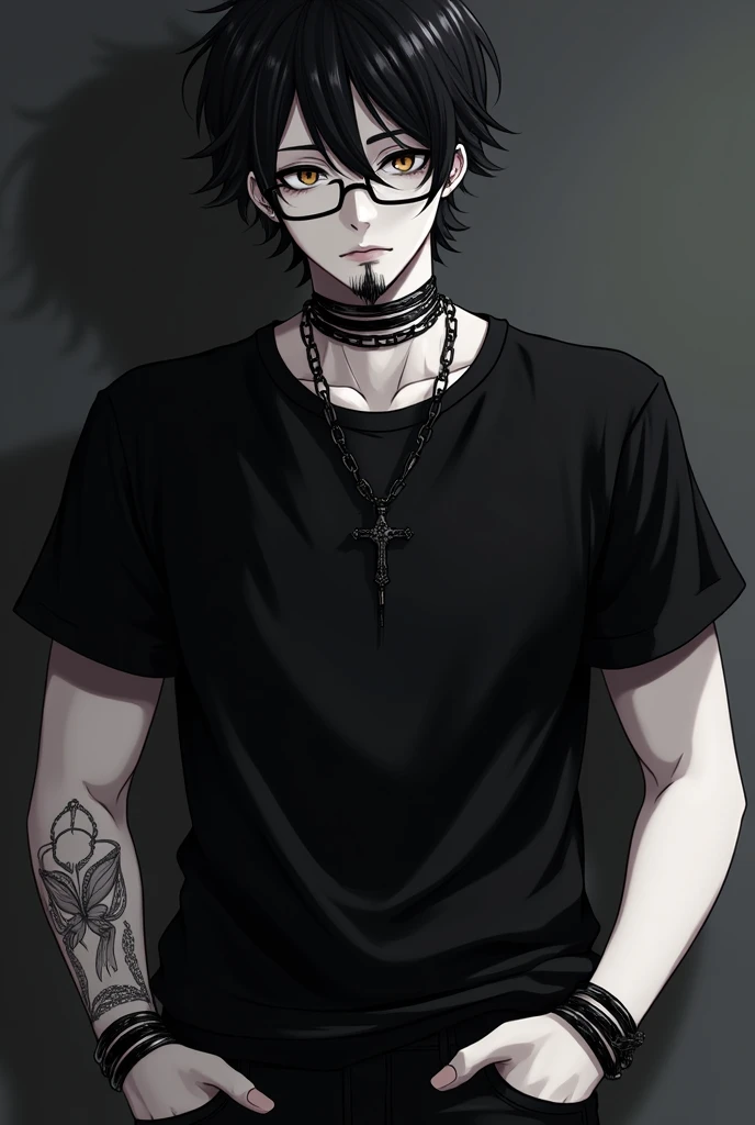 1 man, rectangle glasses, short black hair, black jeans, rectangular glasses, cross necklace, cross choker, sideburns, goatee, mustache, hazel eyes, black band t-shirt, Gothic, (anime), masterpiece,