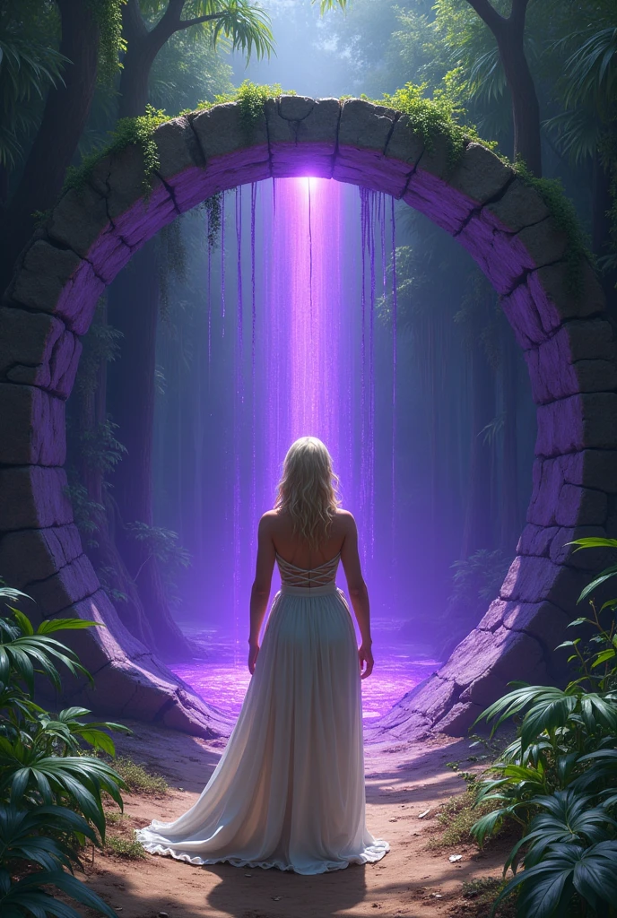 ((JUNGLE ENVIRONMENT)), ((Indian jungle ruins)), Circular portal with purple water as transport middle, round stone array border that surrounds purple liquid water, portal at vertical stance only, three-fourths angle view from viewer, purple liquid in vertical portal door only, no horizontal circular door, dirt path on ground leading up to the door, foliage along ground, stone circular door travels for infinity, long unending corridor, infinite unending water, purple liquid vertical pool, young big breasted prophetess, linen cloth full garb hoody adorned, rope waist tie, blonde female, white, blue eyes, beautiful, structured jaw line, massive breasted, clothed, big rounded breasted, personification of Wisdom, female character viewing viewer, humongously breasted female, wife, tall woman, large breasted, large booty, front facing pose, wide booty, wide hips, wide breasts, front-facing pose, bare shoulders, beautifully structured face, blonde, unhooded