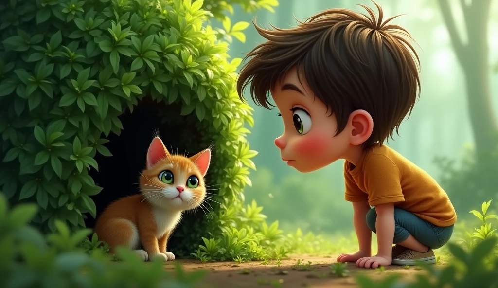 “Sam is standing by a green bush, looking curious. He is bent over, peeking inside, and finds a tiny, scruffy cat with big green eyes. The cat is wet from the rain and looks cold and hungry, with a hopeful expression.”