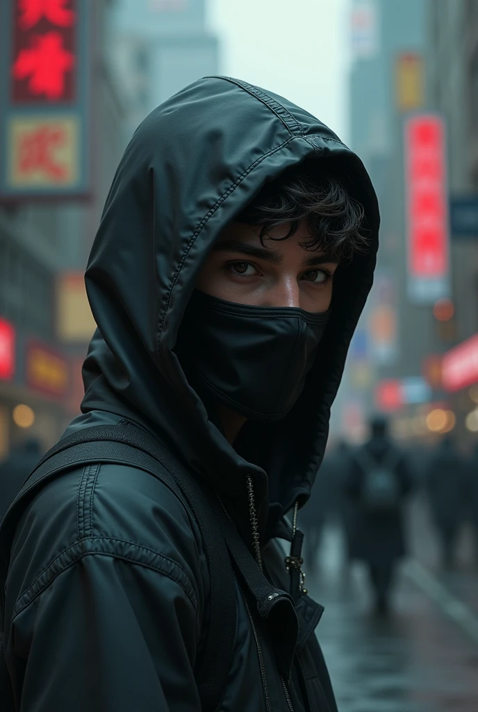 Mysterious young man, with a mask, trying to go unnoticed with a hood, with a big nose, clear hair, messy hair, eyes browns, mysterious, with skater jacket