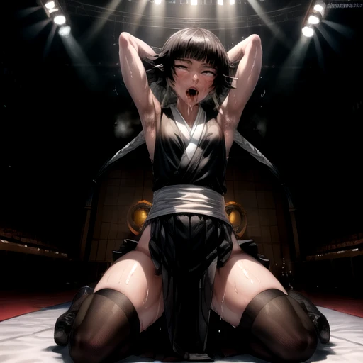(masterpiece), (best quality), (beautiful eyes and face), (perfect female body), (shiny skin),
looking at viewer,
1girl, solo, sui-feng, black hair, short hair, short hair with long locks, grey eyes,
small breasts,
black kimono, sleeveless, white sash, black hakama skirt, (long skirt:1.2),
smile,
sitting, indian style,
tatami, Japanese Clothing, full body, kneeling,(muscle 1.4),- Hip vents, Perfect body proportions,No underwear,short hair, Small Breasts, No eyeballs, Also available in black, low twin braids,Facing the audience, looking at the audience, tired, from below, (Exposed armpit:1.1), ((armpit:1.2)), Sweating, More and more sweat,(ahegao), (Roll your eyes), open mouth, Sticking out tongue, saliva, Slobber,Skinny, raise arms, (arms above head:1.5), runny nose, drooling.