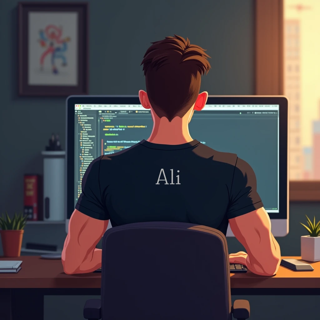 Software developer using computer and Laptop in his well architect room
He is A Lean bodybuilder wearing glasses and Black T shirt and backside of it "Ali" is written
(Back side view and only back side of head should be visible)
(Image should be Animated type)