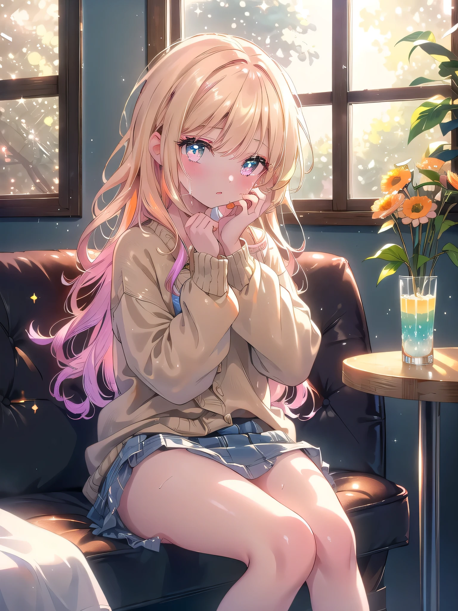 ((8k, Highest quality, masterpiece: 1.3)),Ultra-high resolution,(1 girl, alone), (Color changing eyes, Ultra-detailed, Expressive brilliance, Glitter, Glowing Eyes), Highly detailed eyes, Highly detailed face, Random Hair, ((pastel colour) The woman is sitting at a cozy, minimalist bistro table inside a small, quiet café. A half-eaten avocado toast is on her plate, paired with a small glass of fresh orange juice. She’s dressed in a casual beige sweater and denim skirt, her hair loosely curled and framing her face. The soft afternoon light filters through the large windows, casting a gentle glow on her. She gazes directly at the camera with a thoughtful expression, her eyes reflecting a deep connection as if lost in a meaningful conversation with her boyfriend, her hand lightly resting on her chin, (nsfw:1.4)