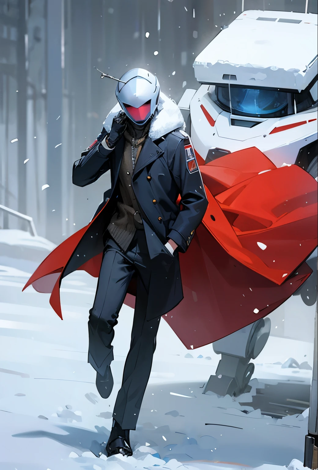Robot in a coat, snow falling, cool 