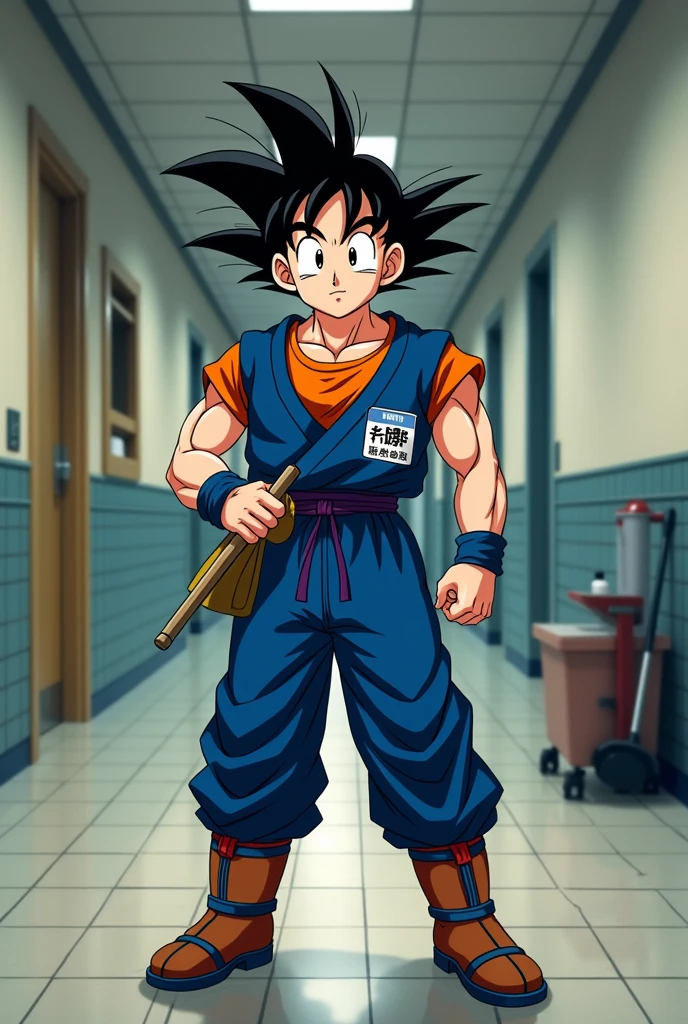 Generate a drawing of Goku in janitor clothes 