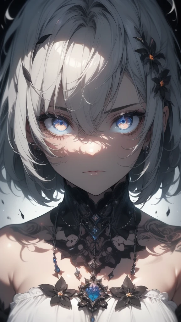((8k resolution))、((Highest quality))、((masterpiece))、((Very detailed))((((dramatic))), (((Rough feeling))), (((intense)))Focus on the face、tattoo、Clear Shadows、Vibrant, front,flower々background、Rich colors,Be confident,coil,scene,Boldness,to attract attention,Smart、tendency、I focus,Gray Hair,Short Bob