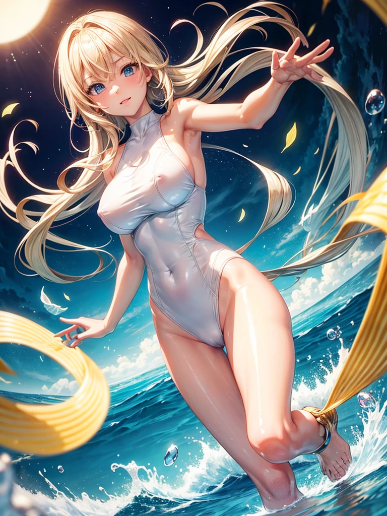 Anime style, super fine illustration, super clear illustration, highly detailed, beautiful detailed, super pale tone image, super delicate illustration, super calm & static image, static representation, gentle expression, 8k, pretty 1girl with blonde straight short hair & blue eyes & a bright smile & Big breasts & nipples & soft fair skin & (shiny skin : 1.6) is wearing the competitive swimsuit in the swimming pool, Olympic, happy stories, solo, perfect fingers, no more fingers, no less fingers, perfect arms, no more arms, no less arms, perfect legs, no more legs, no less legs, no more hair, no more clothes, masterpiece,