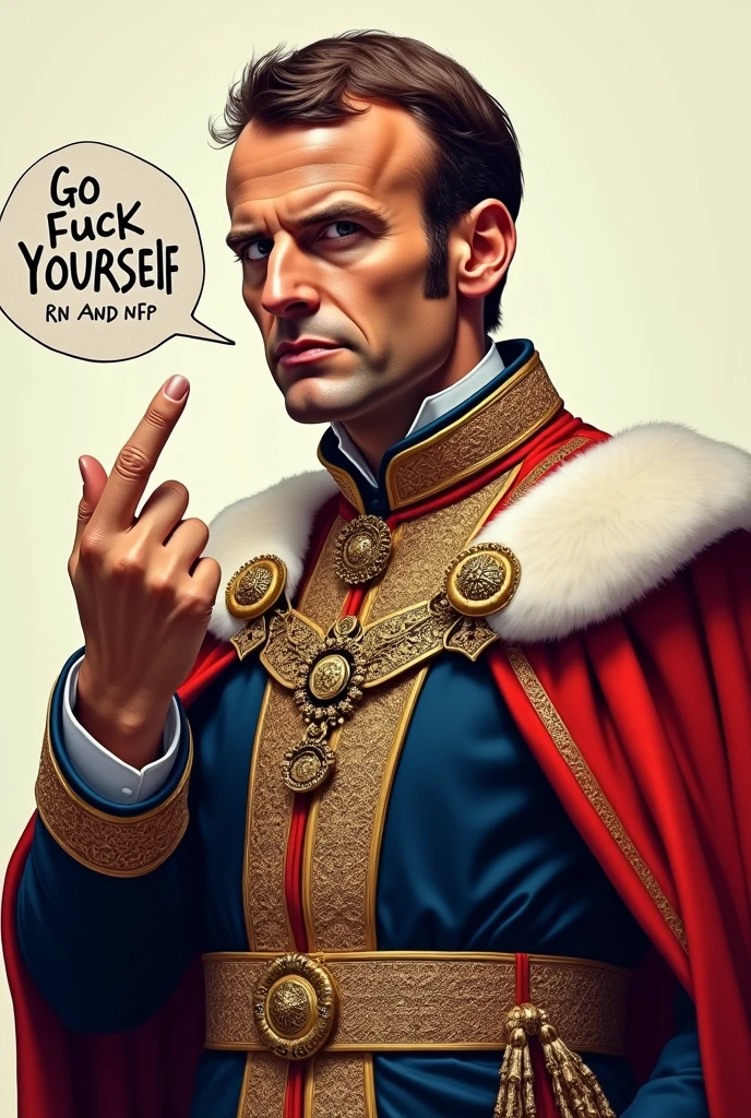 EMMANUEL macron arrogant as a king and a middle finger said in a bubble, ecrire : "Go fuck yourself RN and NFP"