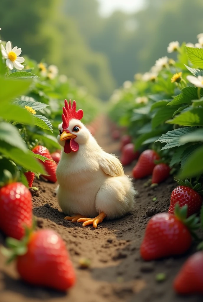 The rooster having pain in stomach and lying on the ground in the garden of strawberries