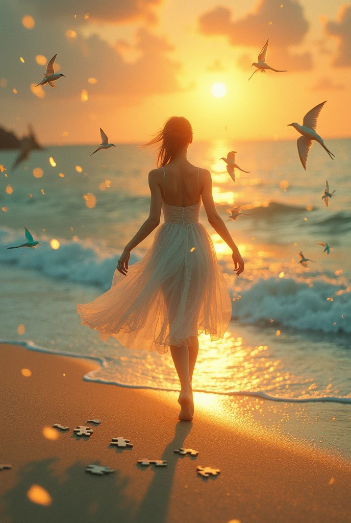 A ballerina with her back turned walking from the sand to the sea with a sunset in the background and small turquoise green swallows flying around her, Sand with golden spots and she is collecting the pieces of a golden puzzle at her feet