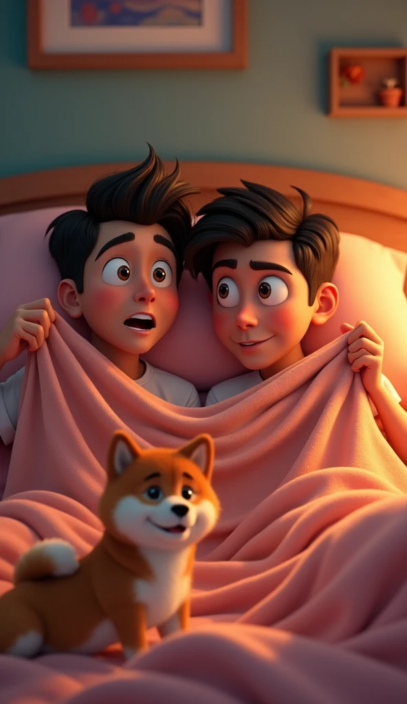 Disney Pixar poster titled "VRIXIAN", with 2 guys in bed, they look shocked and pulls a blanket together, besides them there's a Shiba Inu dog