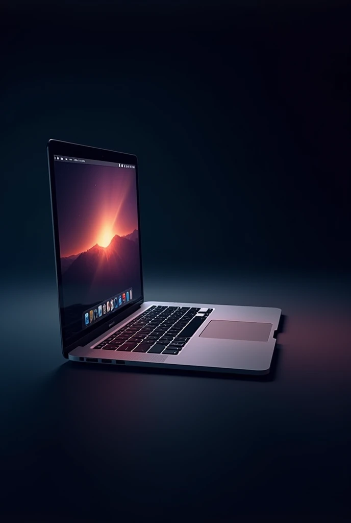 create open Macbook 15 pro width 100% left side with dark backgroundbcolors gradient 