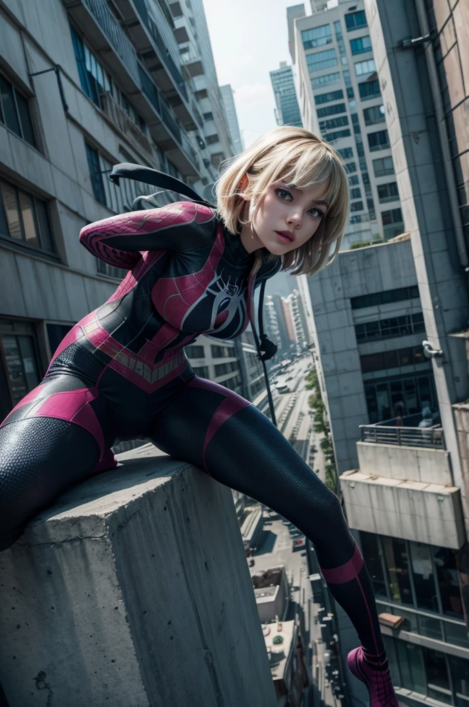 women, latina, with spider suit gwen stacy, climbing a building, ultra realistic, ultra HD, 4k, detailed