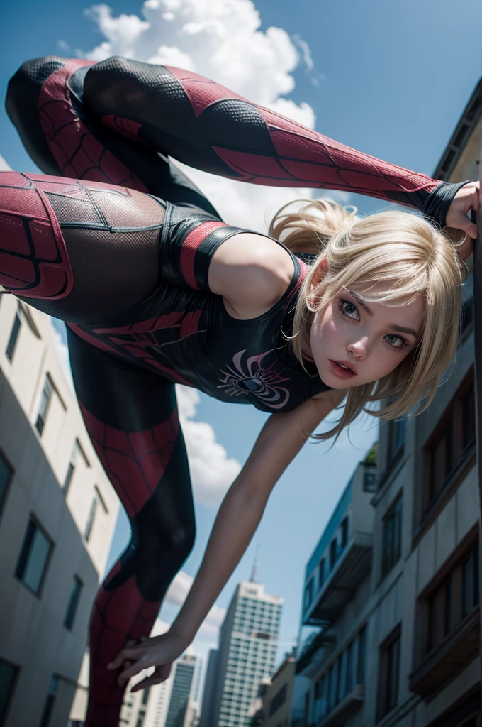 women, latina, with spider suit gwen stacy, climbing a building, ultra realistic, ultra HD, 4k, detailed