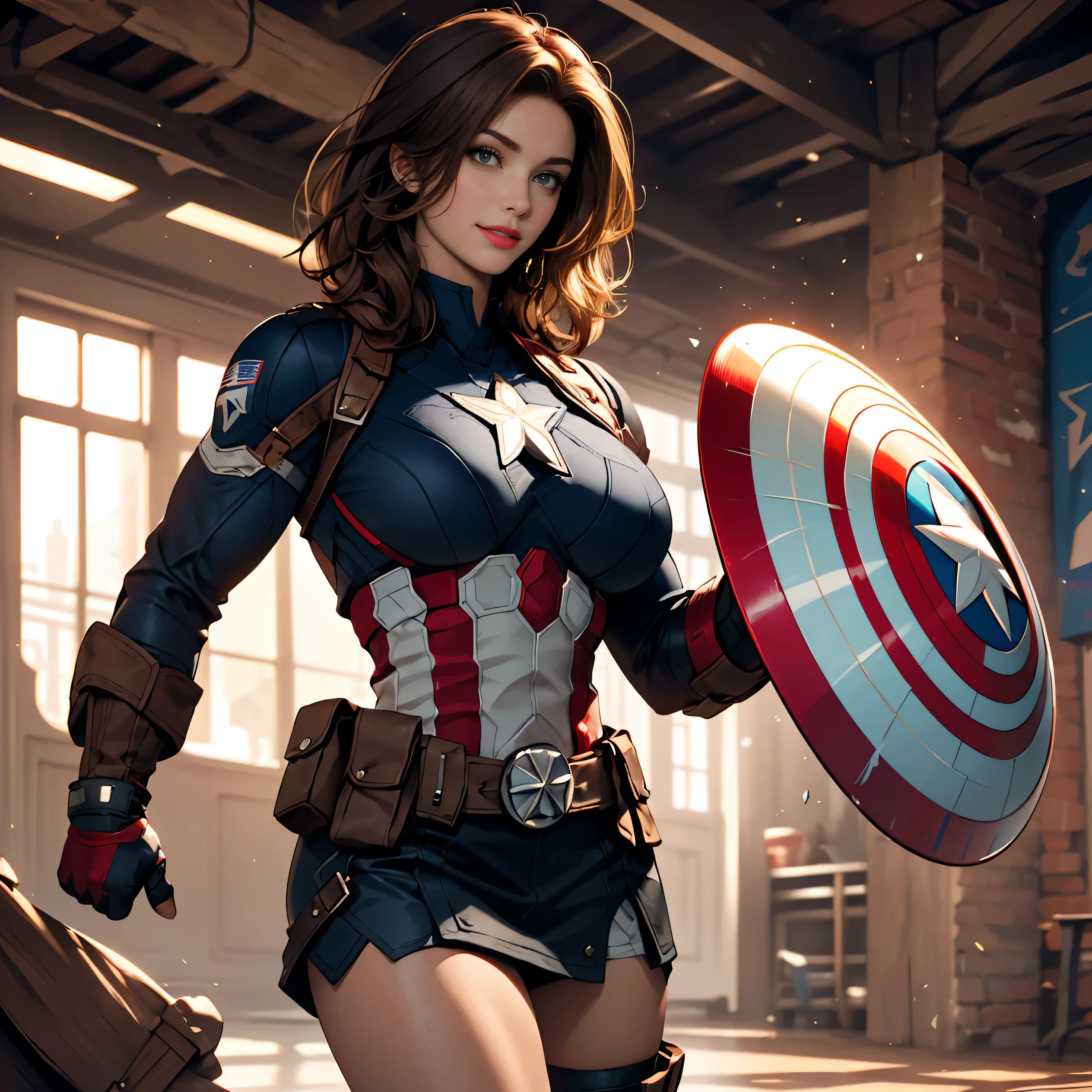 Pretty Caucasian (female), Sarah Shahi, a slim but muscular body, huge breasts, dark brown messy hair, blue eyes, ((bright red lipstick)), ((seductive smile)) (()) ((big bright blue eyes)) ((long messy dark brown hair)) ((big breasts:1.6)) ((slender body:1.3)) (wearing marvel's captain America costume, [[[ultra micro miniskirt, very very very micro miniskirt exposing full lengthy thighs]]], )) ((hold captain America shield)) ((in battle ground)) ((high definition:1.5), ((pale lights)) ((masterpiece:1.5))((8k:1.5)) ((Best quality:1.4)), [[[detailed eyes, detailed two hands, detailed fingers, detailed beautiful thighs, large explosive cleavage, healthy thick thighs, standing, spread legs,]]] full body view, front view


