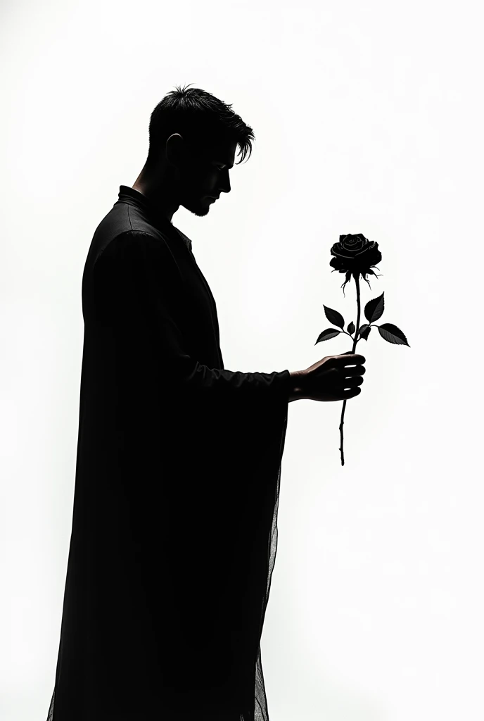 The image shows the silhouette of a man with a thin and muscular build., standing in a formal and elegant pose while extending his arm to offer a rose to someone. His figure is a completely black silhouette, as if it were a drawing made with black ink.
The man has an upright and elegant posture, with shoulders back and chest slightly forward. His facial features are not distinguishable, being just a dark spot. He is wearing a garment that appears to be a black tunic or poncho., that falls in soft folds around your body.
The rose she holds in her outstretched hand is also completely black., except for the delicate petals that stand out slightly lighter than the stem and leaves. The rose looks freshly cut, with the stem still fresh and the leaves green.
The composition of the image is simple but powerful, focusing on the elegant and mysterious figure of the man offering the rose to an invisible recipient. The exclusive use of black creates a dramatic and evocative effect, giving the scene a solemn and contemplative air.