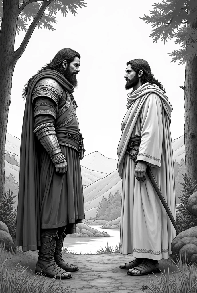 Einar (Vinland saga) meet Jesus, style manga black and white, background nature colour