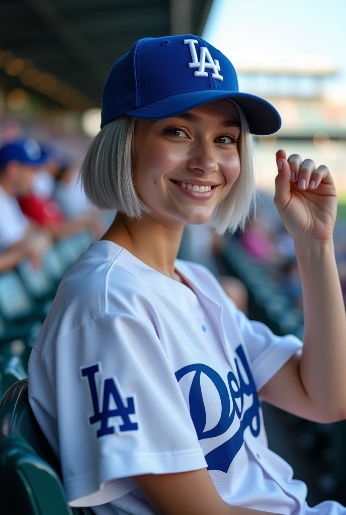nsfw (RAW Photos, Highest quality, masterpiece: 1.2), (Realistic: 1.4), Best lighting, 20-year-old,Beauty (Light grey hair, Shortcuts, Hair above the ears, Symmetrical eyes, Fair skin, alone, Detailed skin, Detailed Background:1.2), Front view, smile, Angle from field to spectator seating, Sitting in the stands at a baseball stadium watching the game, Holding the iPhone 15 Pro in one hand, Many spectators, Wearing a Los Angeles Dodgers baseball cap and Los Angeles Dodgers uniform, Large Breasts,Big Breasts, accessories, Tie your hair back, Daytime, Exposure to sunlight