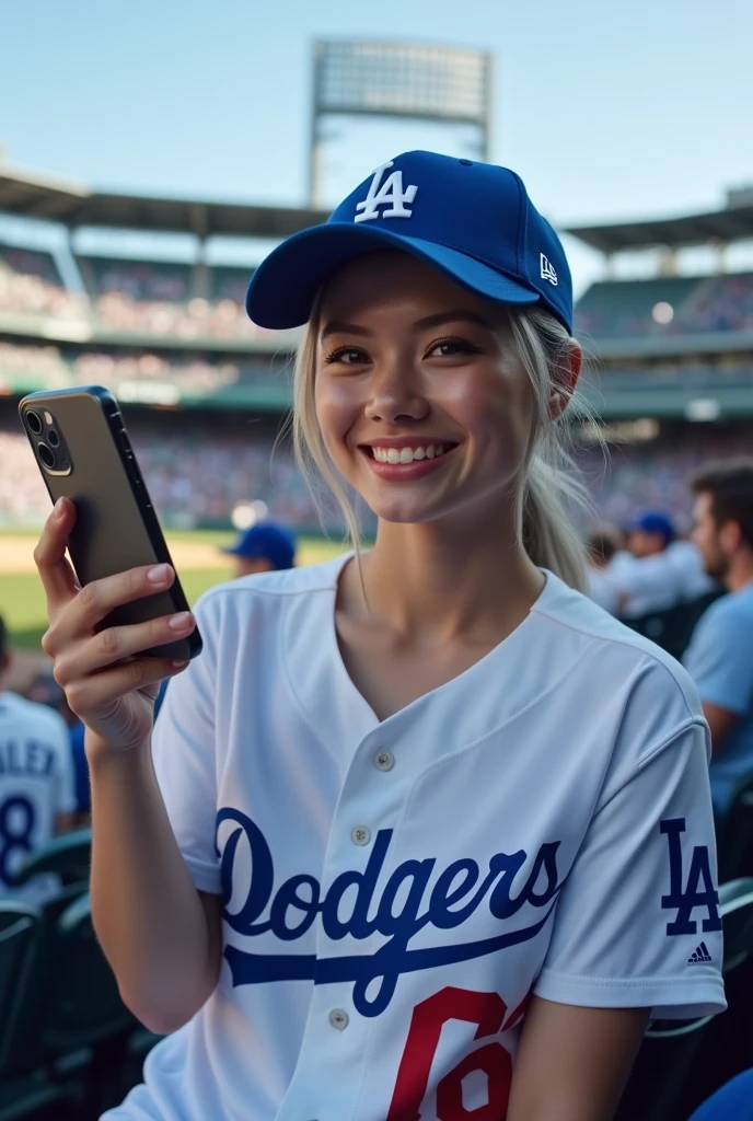 nsfw (RAW Photos, Highest quality, masterpiece: 1.2), (Realistic: 1.4), Best lighting, 20-year-old,Beauty (Light grey hair, Shortcuts, Hair above the ears, Symmetrical eyes, Fair skin, alone, Detailed skin, Detailed Background:1.2), Front view, smile, Angle from field to spectator seating, Sitting in the stands at a baseball stadium watching the game, Holding the iPhone 15 Pro in one hand, Many spectators, Wearing a Los Angeles Dodgers baseball cap and Los Angeles Dodgers uniform, Large Breasts,Big Breasts, accessories, Tie your hair back, Daytime, Exposure to sunlight