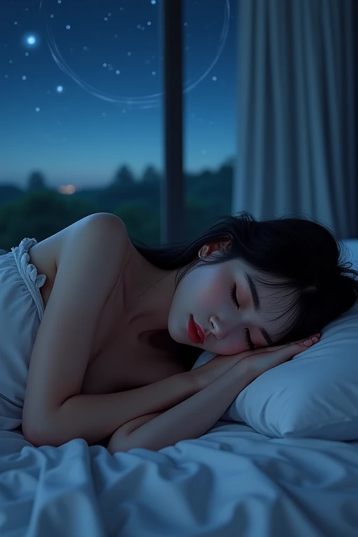 ((best quality)), ((masterpiece)), (detailed), 1girl, sexy,(girl view from above:1.2),Sleeping girl, lying bed,closed eyes,lying bed,teenage girl,long eyelashes girl,midnight sky,landscape, night view,high quality image, whole body,(huge stunning goddess shot, very hot and sexy, jaw-dropping beauty, perfect proportions, beautiful body, slim body beauty:1.4), midnight view through the window,full body