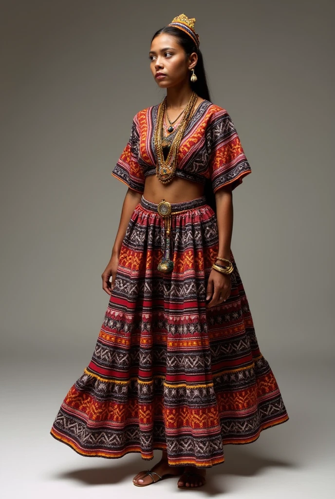Create an outfit that is typical of the Beni taquirari dance with a long skirt and fewer accessories., that has a traditional design of the Beni type, Bolivia 