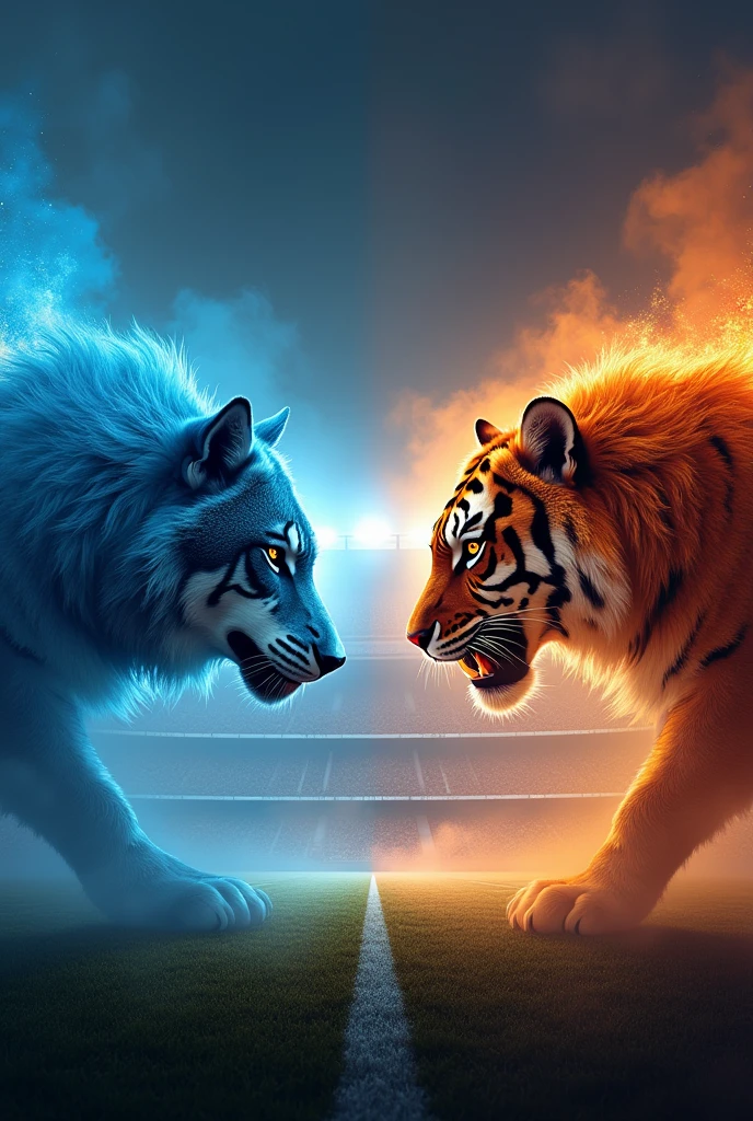 "An ultra-high-definition (4K) football stadium. On the left side, a large and imposing wolf's head stares intensely at a tiger's head on the right side. Both heads are oversized, taking up a significant portion of their respective sides. The wolf's side of the stadium is illuminated with a vibrant crystal blue, while the tiger's side glows with a fiery orange. The colors are sharply divided down the middle, creating a powerful and intense atmosphere in this sleek, futuristic stadium."