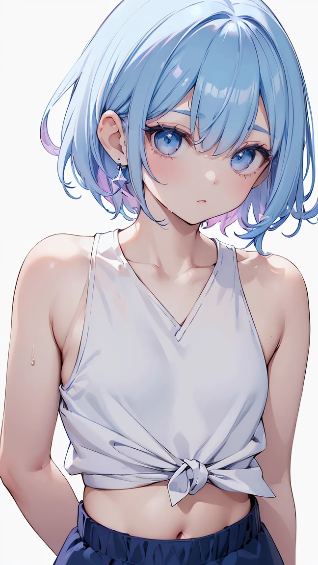 (high quality, 8k, 4K, High Contrast, masterpiece:1.2, 最high quality, Best aesthetics), (Dynamic Angle), ((1 female teen)), (Full Shot), ((Plain and bright background)), ((Flat Color)),(White tank top on the upper body), (Navy blue boxer shorts), Leaning forward posture, belly button, Looking at the audience, Upper Body, Transparent Background, Sleepy eyes, High Contrast, Contrasting colors, , Pale pink and blue lighting, ((Short Hair)) , (Tied Hair), Light blue hair, Small star-shaped earrings in both ears, watch, bright eyeshadow, Cool look, Angle of view that allows space above the head to see the background, (The thighs are half-covered.), Small , Wet clothes
