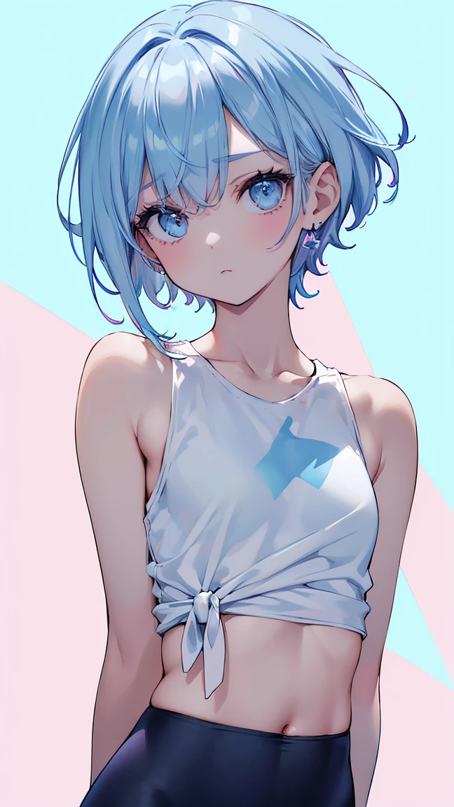 (high quality, 8k, 4K, High Contrast, masterpiece:1.2, 最high quality, Best aesthetics), (Dynamic Angle), ((1 female )), (Full Shot), ((Plain and bright background)), ((Flat Color)),(White tank top on the upper body), (Navy blue boxer shorts), Leaning forward posture, belly button, Looking at the audience, Upper Body, Transparent Background, Sleepy eyes, High Contrast, Contrasting colors, , Pale pink and blue lighting, ((Short Hair)) , (Tied Hair), Light blue hair, Small star-shaped earrings in both ears, watch, bright eyeshadow, Cool look, Angle of view that allows space above the head to see the background, (The thighs are half-covered.), Small , Wet clothes