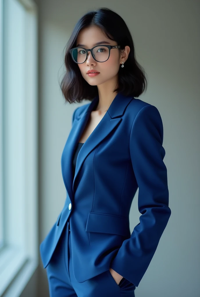 Girl in blue suit black glasses black hair with 
