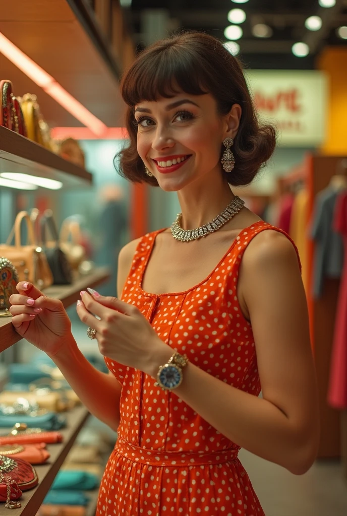 Happy woman shopping for accessories 1960