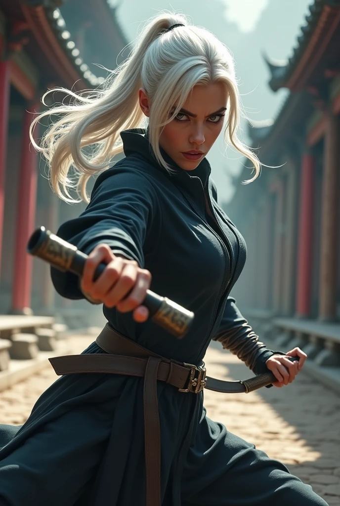 An angry white-haired woman, within an oriental setting. She is a ninja who wears tight clothes and has a defined physique.. She is in an action pose