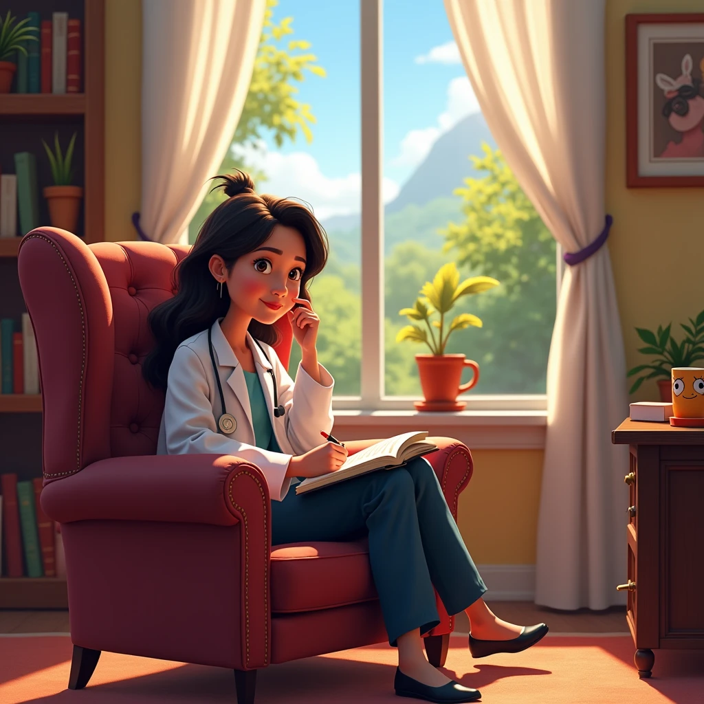 Get inspired by Disney Pixar characters and create a psychologist sitting in a chair taking notes