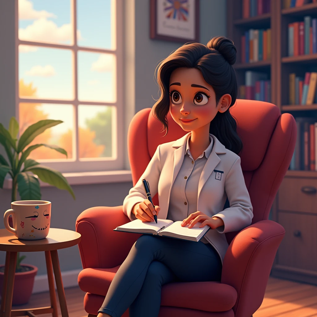 Get inspired by Disney Pixar characters and create a psychologist sitting in a chair taking notes