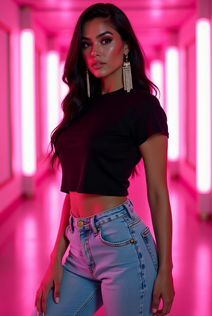 "Full-body hyper-realistic portrait of a confident Latina woman with long, sleek black hair and deep brown, almond-shaped eyes, featuring a full face of glamorous makeup including bold eyeliner, voluminous lashes, and a soft matte lipstick in a warm nude shade. She wears large Creole earrings that add a touch of elegance and cultural flair. She is dressed in a fitted black t-shirt that accentuates her figure, paired with light blue high-waisted jeans, and chunky pink sneakers. Her expression is intense yet approachable, with a slight, knowing smile. The background is a sleek, futuristic corridor bathed in vibrant pink neon light, which complements the cool tones of her outfit and the warmth of her skin. The lighting is expertly positioned to accentuate her facial features and the texture of her outfit, creating a dynamic interplay between light and shadow. The color palette is a sophisticated mix of black, light blue, warm nude, and pink. Shot in ultra-high resolution, 8K, with precise cinematic lighting that enhances every detail, from the makeup to the textures of the fabrics."