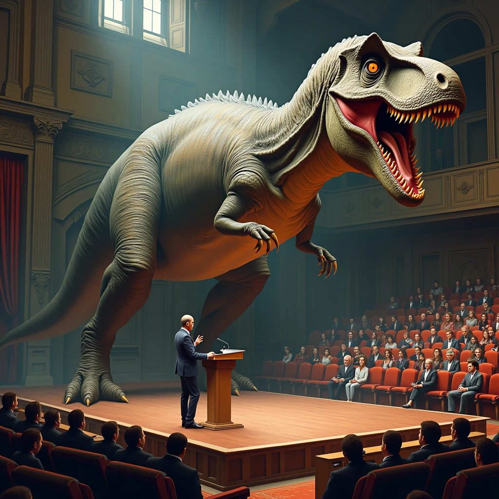 Create an image of the audience turned into a Tyrannosaurus Rex that wants to devour even lectures that are scared to death, the background is a beautiful auditorium where a presentation of oratory and storytelling can be seen.
Be very creative and make sure that the entire scene you are looking for is visible.. improve the image, The dinosaur must be in front of the speaker who is scared, be creative and, magical and containing some humor
