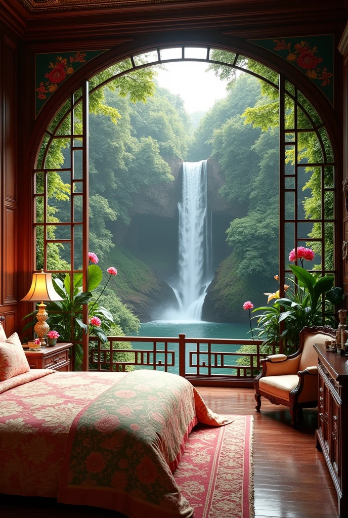 Gorgeous Chinoise-style mansion bedroom in the woods。A fantastic view of the waterfall