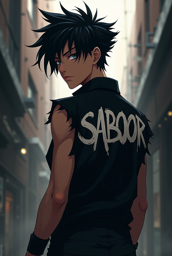 Anime bad boy on shirt written SABOOR on her back their are black